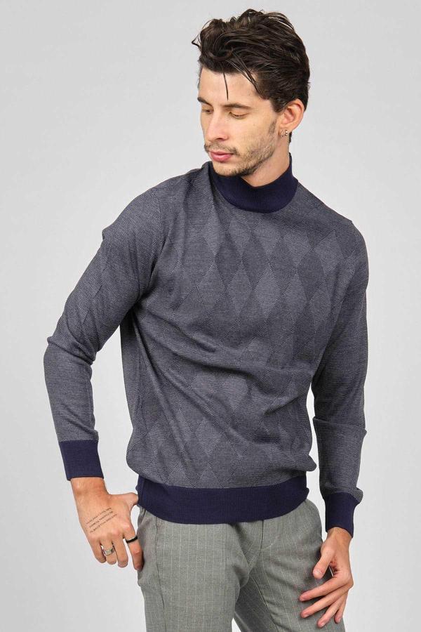 Pave Erkek Baklava Desenli Yün Kazak 4537170 Lacivert - Image 1