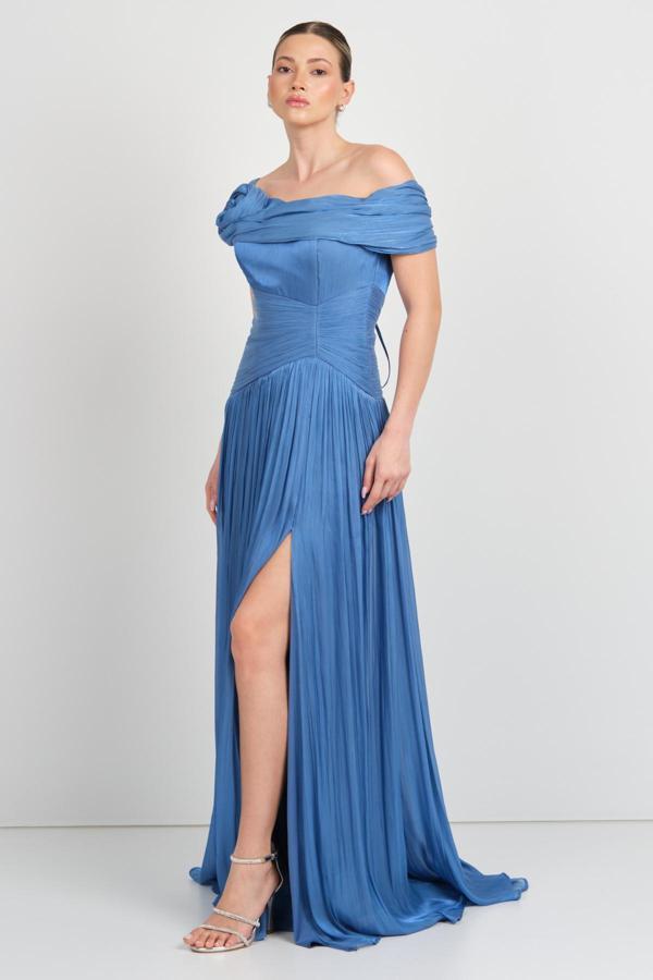 Mor Sposa Kadın Tek Kol Detaylı Derin Yırtmaçlı Şifon Abiye Elbise W0182 Indigo - Image 1