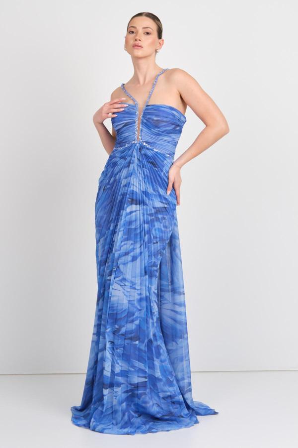 Ömür Inn Kadın Boyundan Bağlamalı Desenli Maxi Abiye Elbise 5564 Kraliyet Mavisi - Image 1