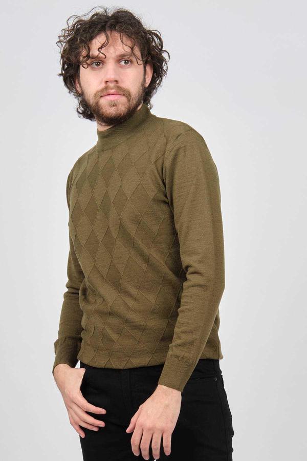 Çizgi Triko Erkek Yarım Balıkçı Baklava Desenli Kazak 42564257 Haki - Image 1