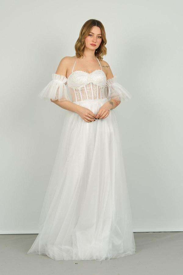 Saygın Kadın Seyyar Kollu Transparan Detaylı Uzun Abiye Elbise 3504 Beyaz - Image 1