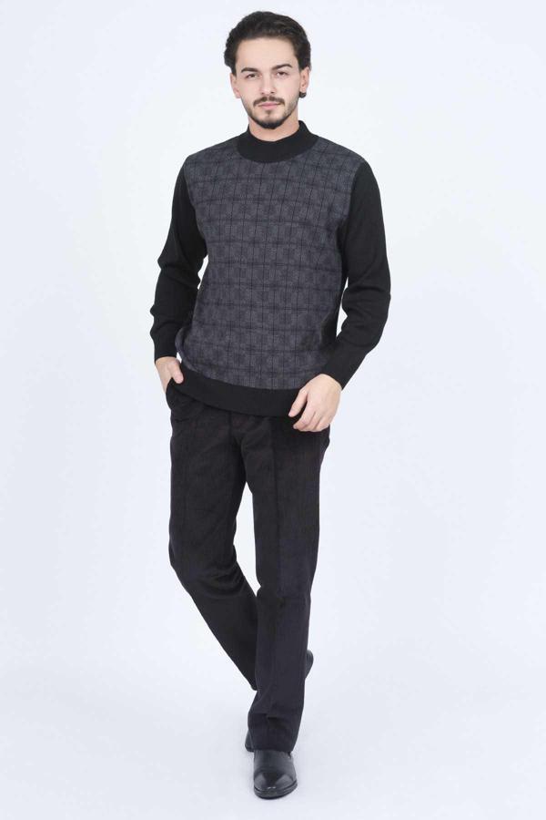 Ateş Triko Erkek Yarım Balıkçı Desenli Yün Kazak 6092524 Siyah - Image 1