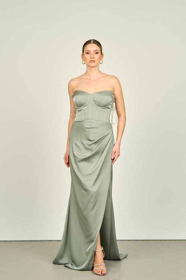 Saygın Kadın Straplez Yaka Beli Korsajlı Derin Yırtmaçlı Saten Abiye Elbise 3534 Çağla - Image 1