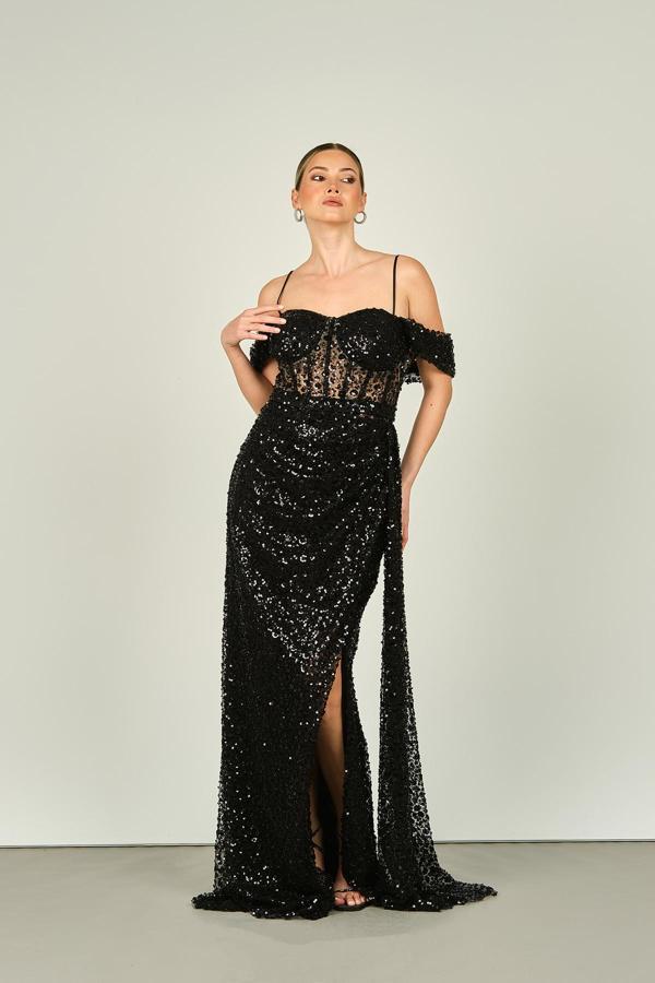 Saygın Kadın Askılı Üst Beden Transparan Full Taş ve Payet Detaylı Uzun Abiye Elbise 4606 Siyah - Image 1