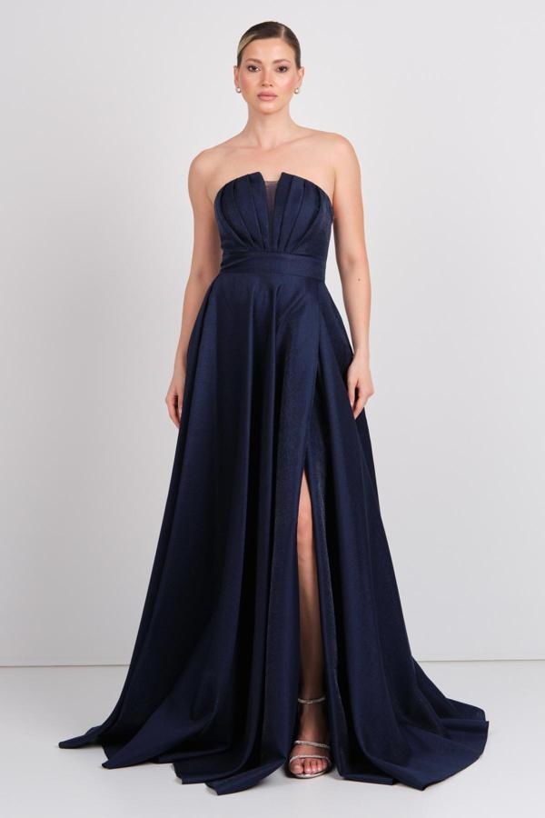 Hvit Vera Kadın Straplez Sırttan Çapraz Bağlamalı Maxi Boy Abiye Elbise 5703 Lacivert - Image 1