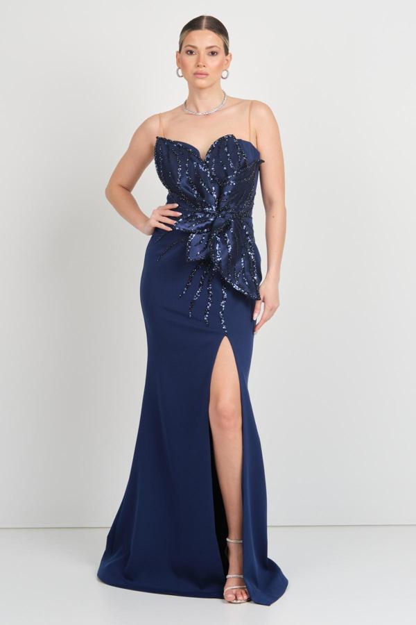 Ömür Inn Kadın İnci ve Payet İşlemeli Derin Yırtmaçlı Uzun Abiye Elbise 5520 Lacivert - Image 1