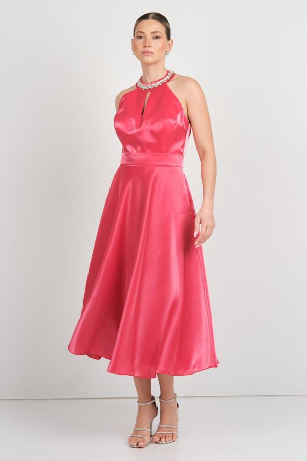 Saygın Kadın Halter Yaka Saten Midi Abiye Elbise 5624 Kırmızı - Image 1