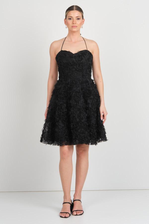 Saygın Kadın Kalp Yaka Boyundan Bağlamalı Kısa Abiye Elbise 5635 Siyah - Image 1