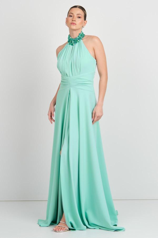 Saygın Kadın Halter Yaka ve Yakası Taş Detaylı A Kesim Maxi Abiye Elbise 5619 Mint - Image 1