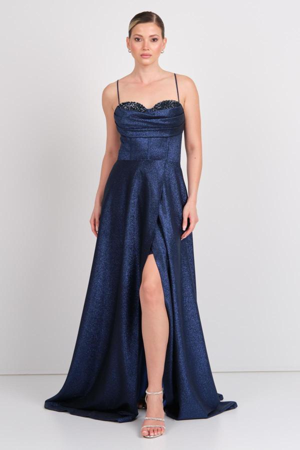 Hvit Vera Kadın Taş İşlemeli Askılı Maxi Abiye Elbise 5772 Lacivert - Image 1