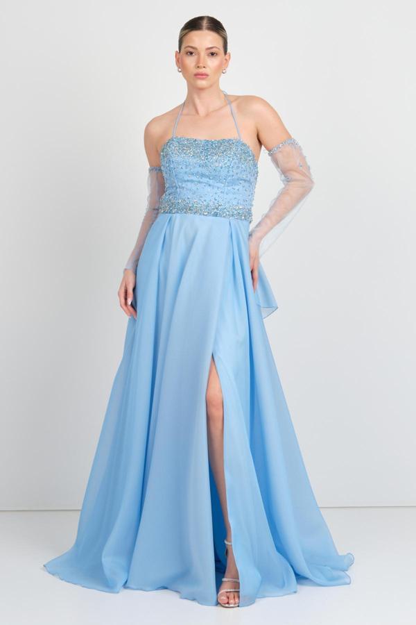 Saygın Kadın Boyundan Bağlamalı Seyyar Eldivenli Maxi Abiye Elbise 5641 Mavi - Image 1