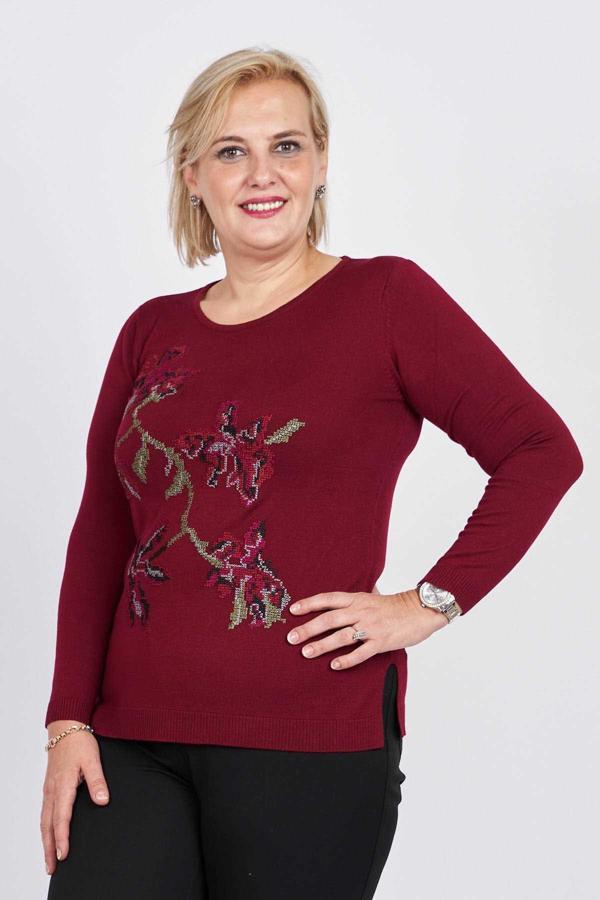 Flaş Triko Kadın Çiçekli Nakış Detaylı Bluz 3320806 Bordo - Image 1