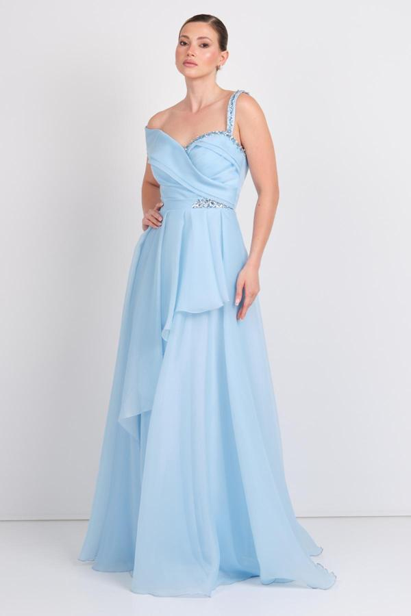 Saygın Kadın Tek Omuz Detaylı Şifon Kumaş Maxi Abiye Elbise 5614 Mavi - Image 1