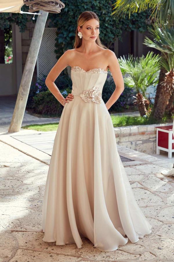 Ömür Inn Kadın Straplez Yaka Beli Korsajlı Kloş Uzun Abiye Elbise 0554 Şampanya - Image 1