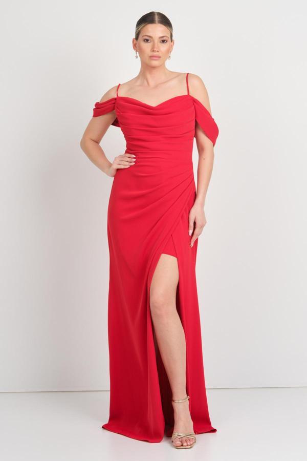 Saygın Kadın İp Askılı Drapeli Yırtmaçlı Uzun Abiye Elbise 5625 Kırmızı - Image 1