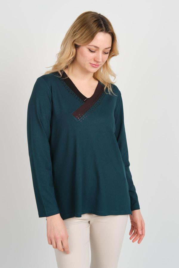 Detay Triko Kadın Yaka Detaylı Yanları Yırtmaçlı Uzun Kol Anne Bluz 5709 Zümrüt - Image 1