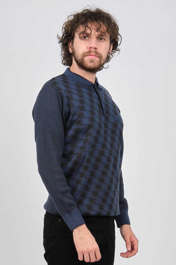 Çizgi Triko Erkek Cep Detaylı Polo Yaka Desenli Kazak 42544213 Indigo - Image 1