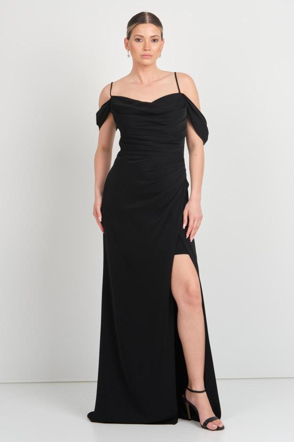 Saygın Kadın İp Askılı Drapeli Yırtmaçlı Uzun Abiye Elbise 5625 Siyah - Image 1