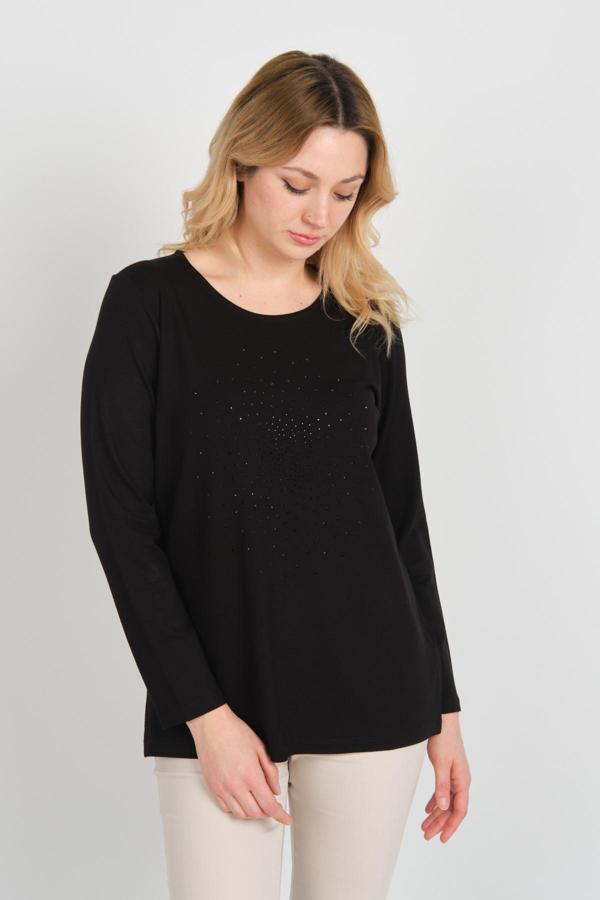 Detay Triko Kadın Yanları Yırtmaçlı Taş İşlemeli Uzun Kollu Anne Bluz 5703 Siyah - Image 1