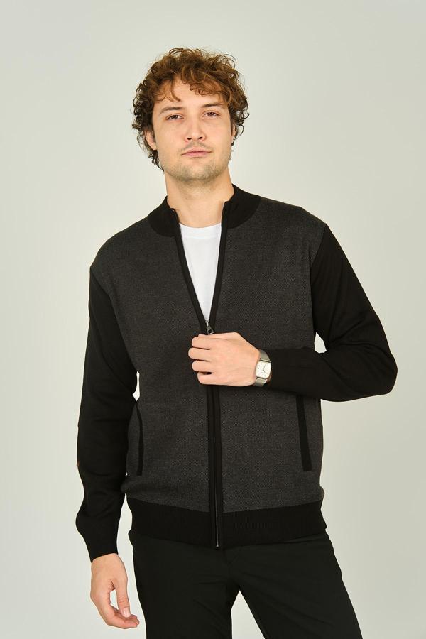 Ateş Triko Erkek Fermuarlı Cep Detaylı Hakim Yaka Yün Hırka 4491 Siyah - Image 1