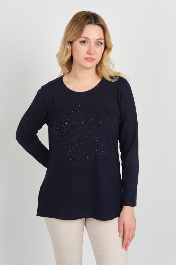 Detay Triko Kadın Yanları Yırtmaçlı Taş İşlemeli Uzun Kollu Anne Bluz 5703 Lacivert - Image 1