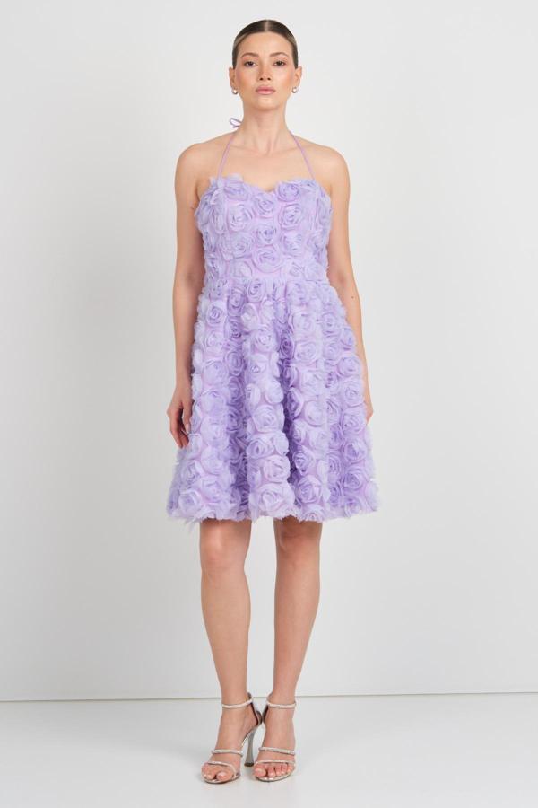 Saygın Kadın Kalp Yaka Boyundan Bağlamalı Kısa Abiye Elbise 5635 Lila - Image 1