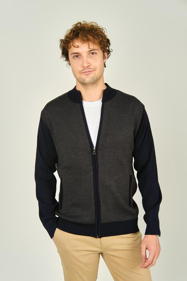 Ateş Triko Erkek Fermuarlı Cep Detaylı Hakim Yaka Yün Hırka 4491 Lacivert - Image 1