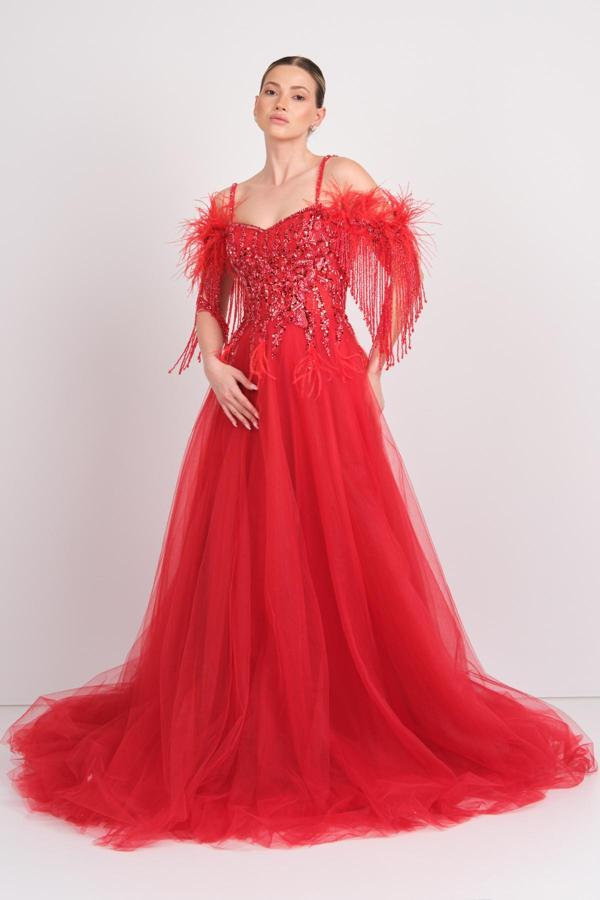 Mor Sposa Kadın Üst Full Taşlı Alt Tül Kabarık Model Maxi Abiye Elbise M100 Kırmızı - Image 1