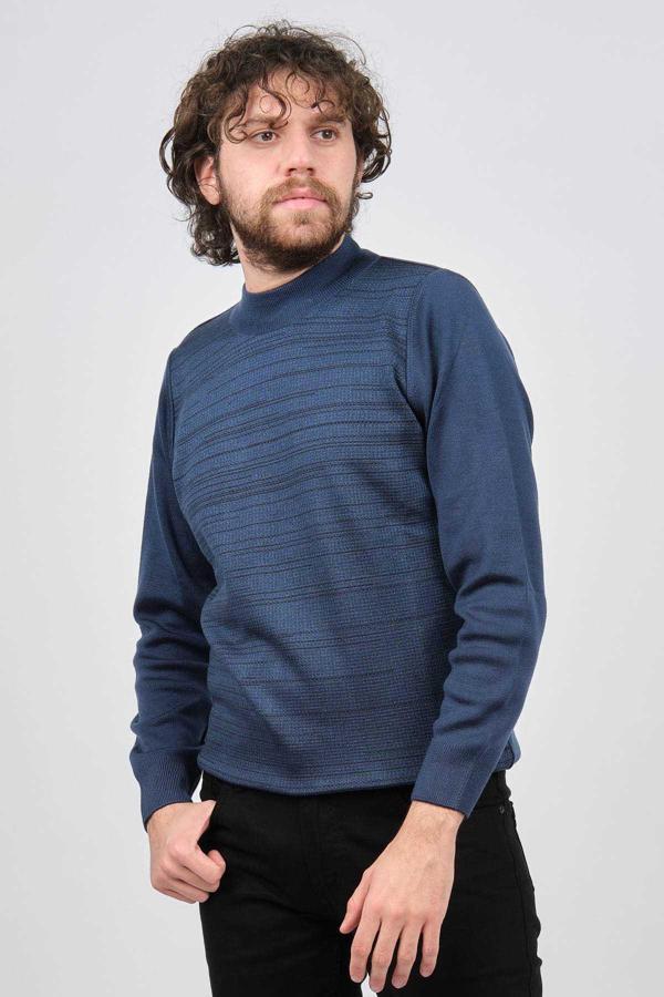 Çizgi Triko Erkek Yarım Balıkçı Yaka Desenli Kazak 42564225 Indigo - Image 1