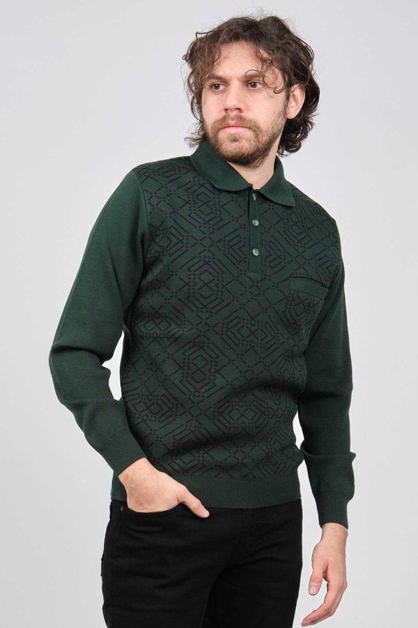 Ateş Triko Erkek Cep Detaylı Polo Yaka Desenli Yün Kazak 6092097 Yeşil - Image 1