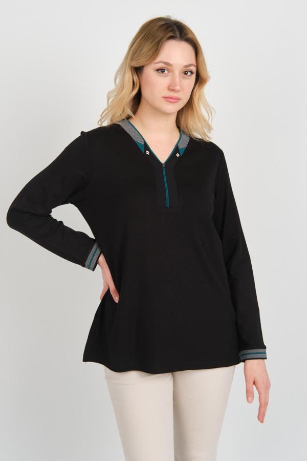 Detay Triko Kadın V Yaka ve Yakası Taş Detaylı Uzun Kollu Anne Bluz 5711 Siyah - Image 1