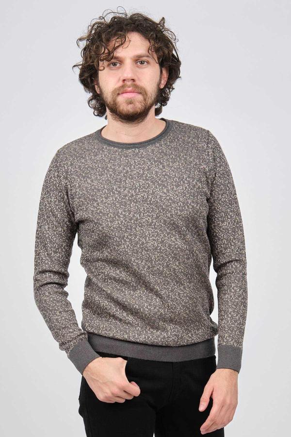 Çizgi Triko Erkek Bisiklet Yaka Slim Fit Desenli Kazak 42554255 Gri - Image 1