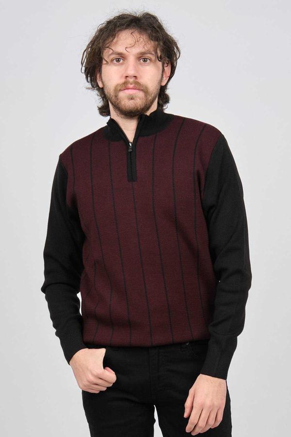 Pave Erkek Çizgi Desenli Fermuarlı Yün Kazak 4539190 Bordo - Image 1