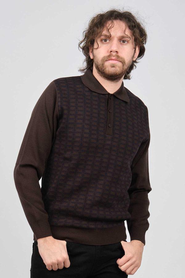 Ateş Triko Erkek Polo Yaka Desenli Yün Kazak 6092101 Kahverengi - Image 1