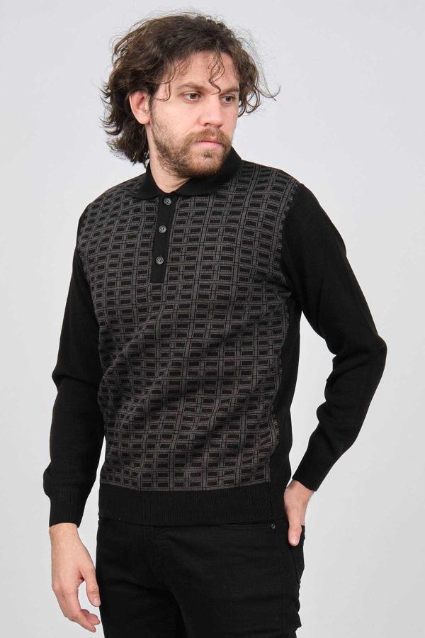Ateş Triko Erkek Polo Yaka Desenli Yün Kazak 6092101 Siyah - Image 1