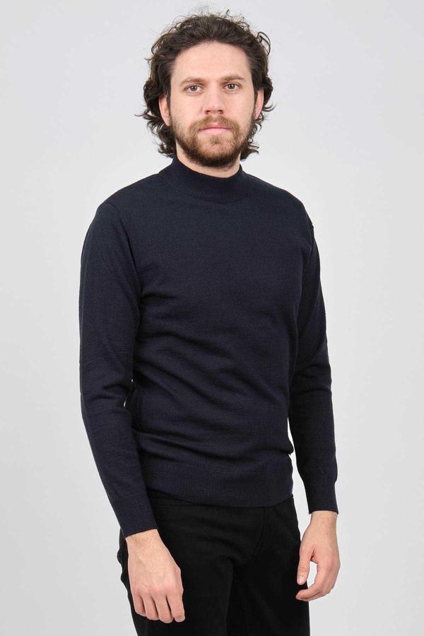 Çizgi Triko Erkek Yarım Balıkçı Yaka Düz Kazak 42564252 Lacivert - Image 1