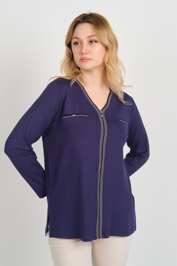 Detay Triko Kadın Süs Cepli Toka Detaylı Uzun Kol Anne Bluz 5717 Mor - Image 1