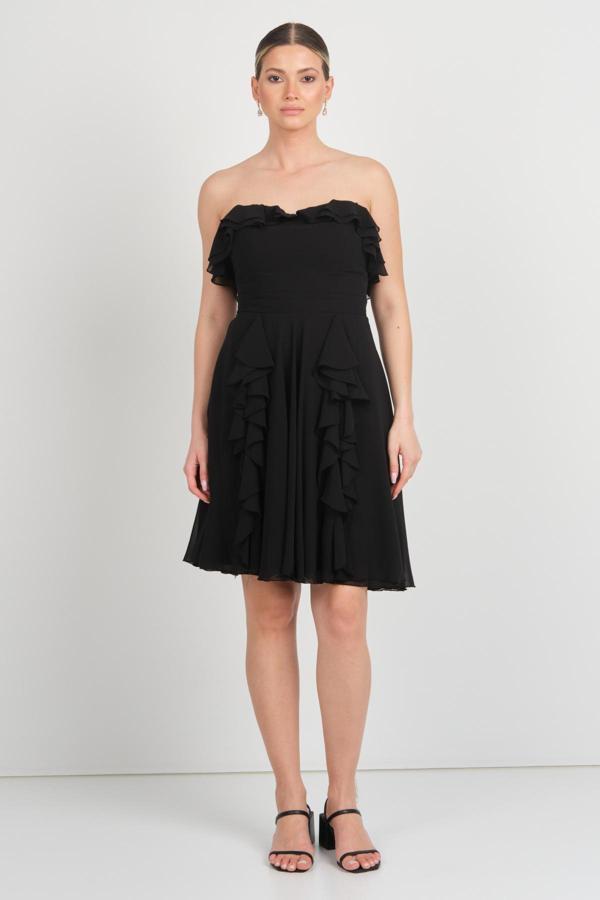 Saygın Kadın Kalp Yaka Fırfır Detaylı Şifon Abiye Elbise 5655 Siyah - Image 1