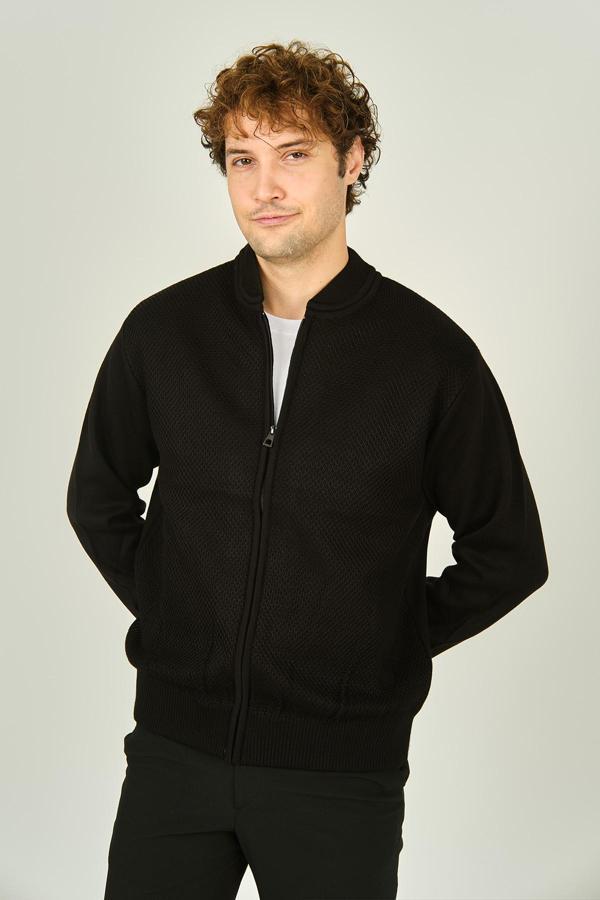 Ateş Triko Erkek Fermuarlı Çift Cepli Hakim Yaka Triko Yün Mont 9040 Siyah - Image 1