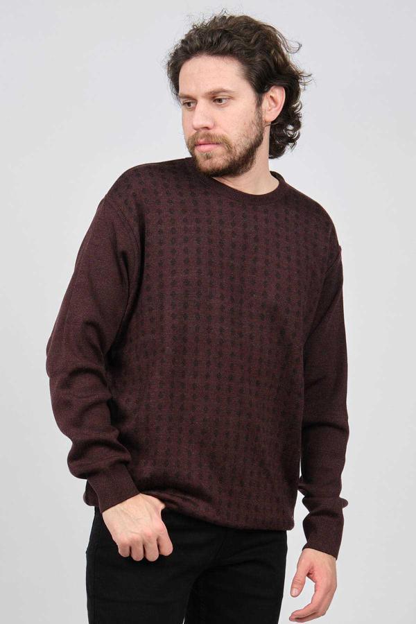 Çizgi Triko Erkek Bisiklet Yaka Desenli Kazak 425554216 Bordo - Image 1