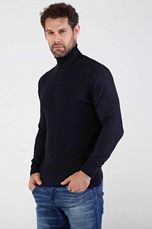 Çizgi Triko Erkek Tam Balıkçı Yaka Pamuklu Triko Kazak 4669E Lacivert - Image 1