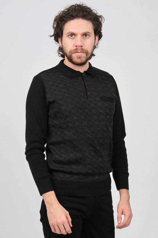 Çizgi Triko Erkek Cep Detaylı Polo Yaka Desenli Kazak 42544230 Siyah - Image 1