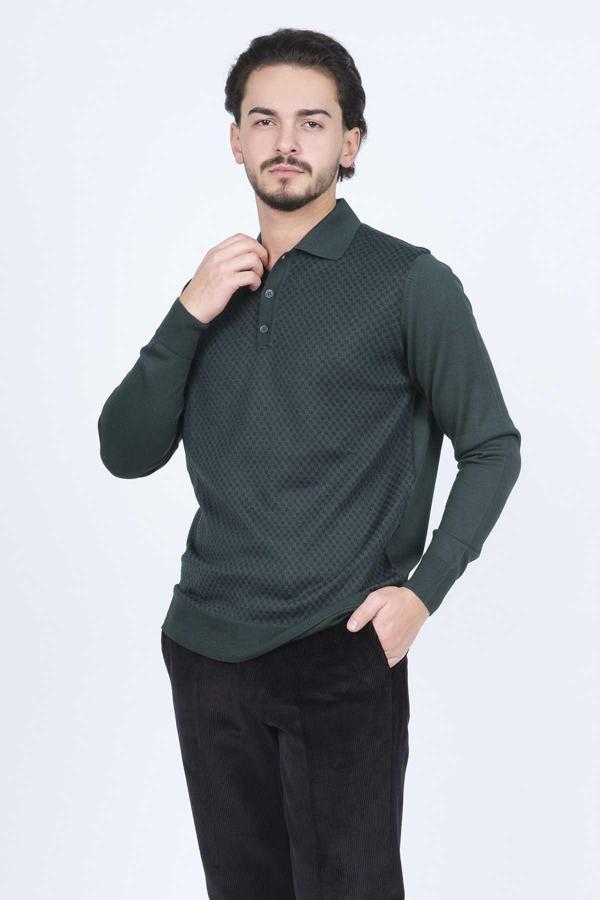 Pave Erkek Desenli Polo Yaka Triko Yün Kazak 4533224 Yeşil - Image 1