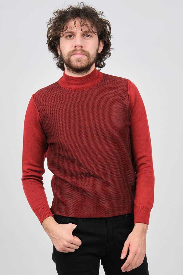 Çizgi Triko Erkek Yarım Balıkçı Yaka Desenli Kazak 42564229 Bordo - Image 1