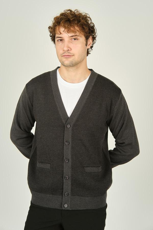 Ateş Triko Erkek Cep Detaylı V Yaka Yün Hırka 4490 Koyu Gri - Image 1