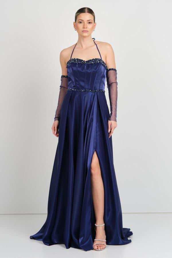 Saygın Kadın Boyundan Bağlamalı Taş İşlemeli Korsajlı Maxi Abiye Elbise 5629 Lacivert - Image 1