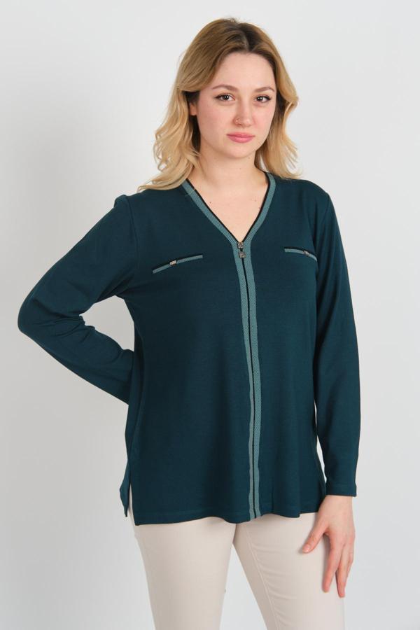 Detay Triko Kadın Süs Cepli Toka Detaylı Uzun Kol Anne Bluz 5717 Zümrüt - Image 1