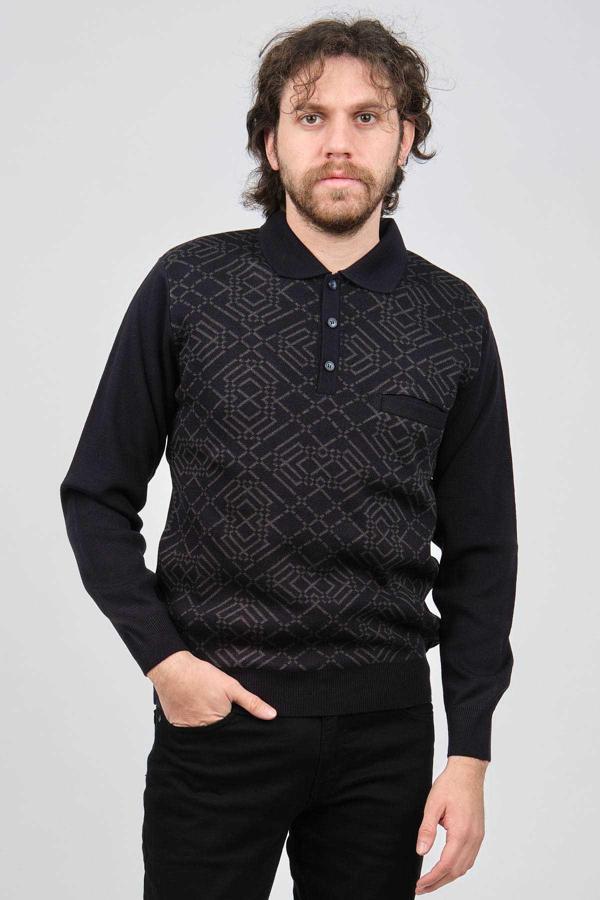 Ateş Triko Erkek Cep Detaylı Polo Yaka Desenli Yün Kazak 6092097 Lacivert - Image 1