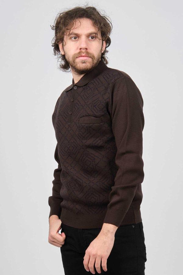 Ateş Triko Erkek Cep Detaylı Polo Yaka Desenli Yün Kazak 6092097 Kahverengi - Image 1