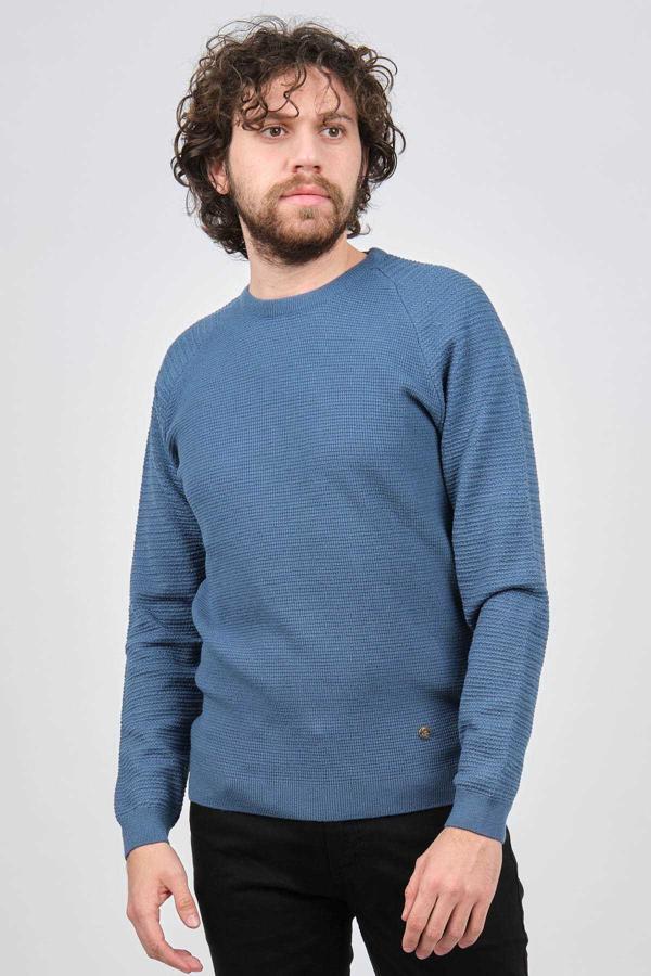 Çizgi Triko Erkek Bisiklet Yaka Slim Fit Kazak 42554259 Mavi - Image 1